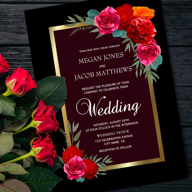 Elegant Red Black Gold Floral Wedding Invitation (Creator Uploaded)