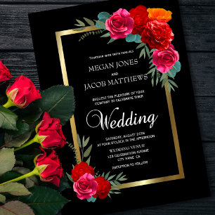 Elegant Red Black Gold Floral Wedding Invitation