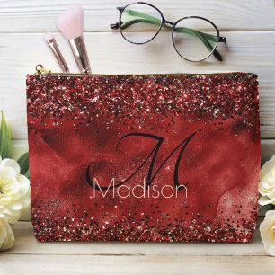  Elegant red black gold glitter monogram Accessory Pouch