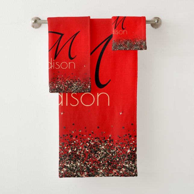  Elegant red black gold glitter monogram Bath Towel Set (Insitu)