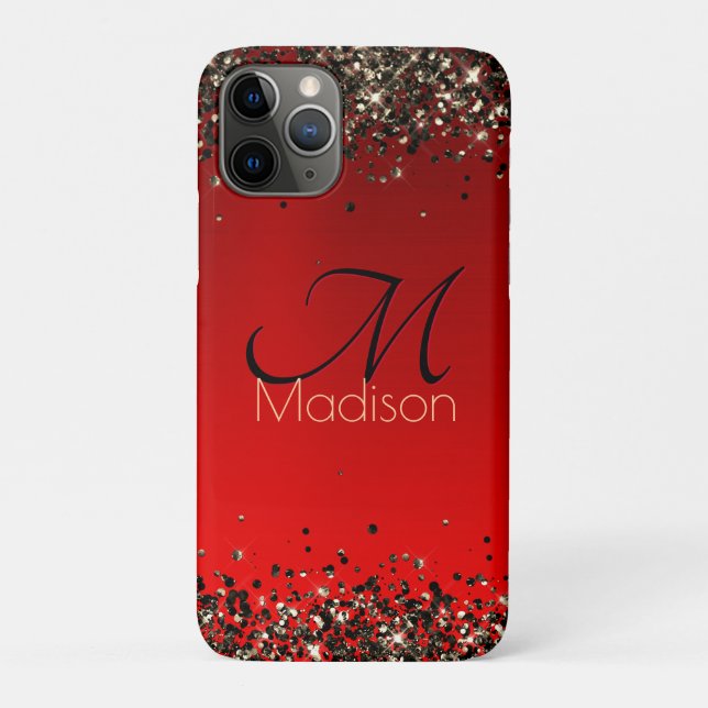  Elegant red black gold glitter monogram Case-Mate iPhone Case (Back)