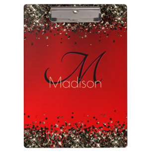 Elegant red black gold glitter monogram Clipboard