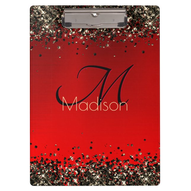 Elegant red black gold glitter monogram Clipboard (Front)