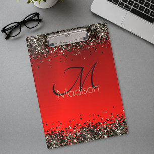 Elegant red black gold glitter monogram Clipboard