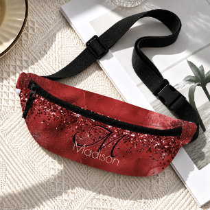 Elegant red black gold glitter monogram duffle ba fanny pack