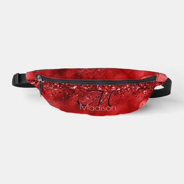 Elegant red black gold glitter monogram  duffle ba fanny pack (Front)