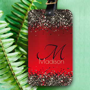  Elegant red black gold glitter monogram Luggage Tag