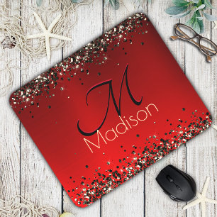Elegant red black gold glitter monogram Mouse Pad