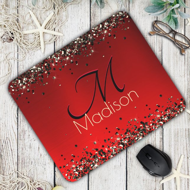  Elegant red black gold glitter monogram Mouse Pad (Creator Uploaded)