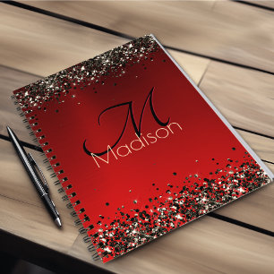  Elegant red black gold glitter monogram Notebook