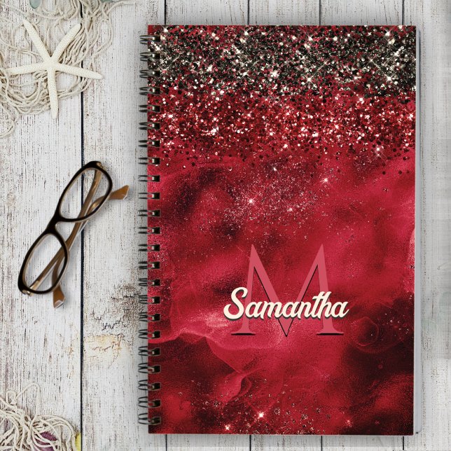 Elegant red black gold glitter monogram notebook (Creator Uploaded)