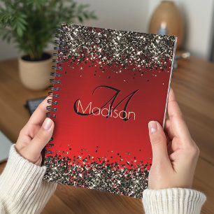 Elegant red black gold glitter monogram Planner