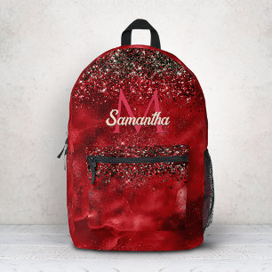 Elegant red black gold glitter monogram printed backpack