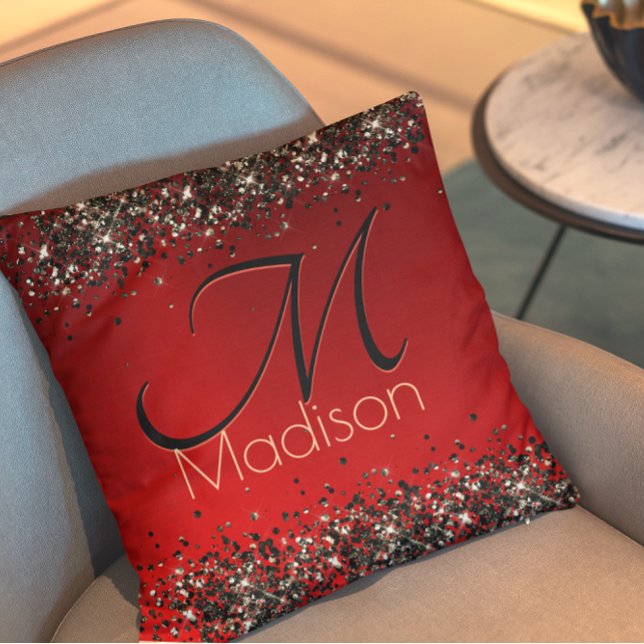  Elegant red black gold glitter monogram Throw Pillow (Creator Uploaded)