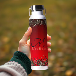 Elegant red black gold glitter monogram Water Bottle