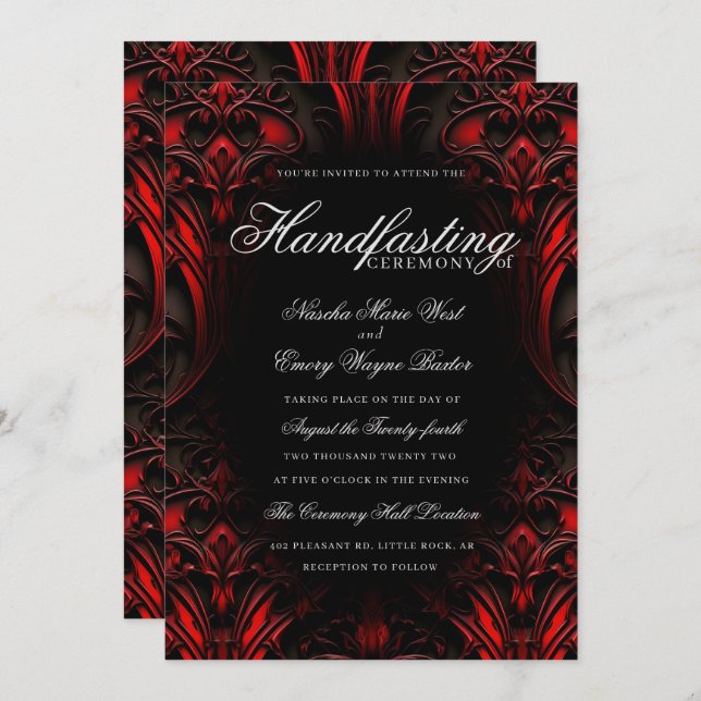 Elegant Red & Black Gothic Damask Handfasting Invitation (Front/Back)