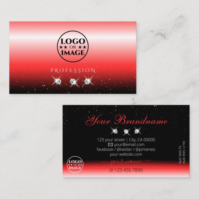 Elegant Red Black Gradient Sparkle Jewels Add Logo Business Card (Front/Back)