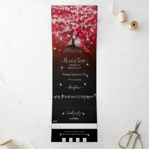 Elegant Red & Black Heart Leaf Wedding Tri-Fold Invitation