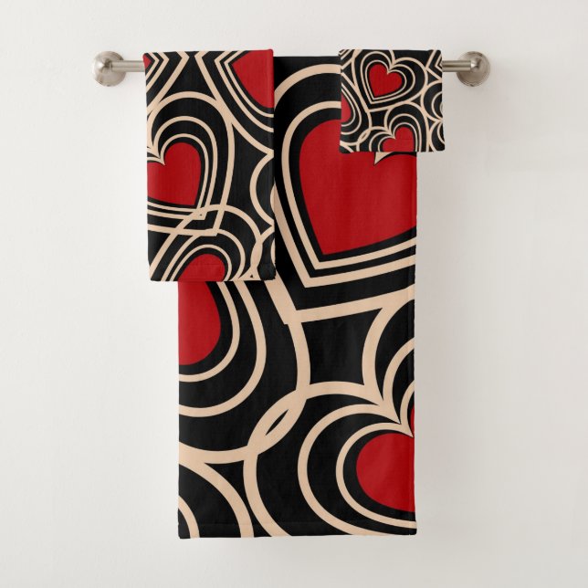 Elegant Red Black Heart Pattern Retro Bath Towel Set (Insitu)