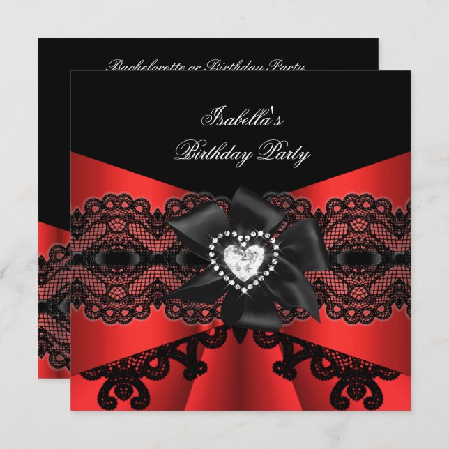 Elegant Red Black Lace Diamond Bow Birthday Party Invitation (Front/Back)