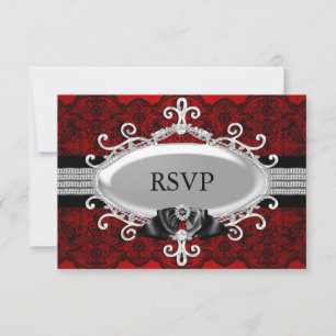 Elegant Red Black Lace & Jewel Bow RSVP Invitation