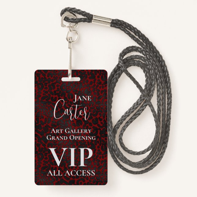 Elegant Red Black Leopard VIP All Access Pass  Badge (Front with Lanyard)