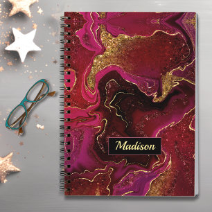 Elegant red black marbling faux gold glitter notebook
