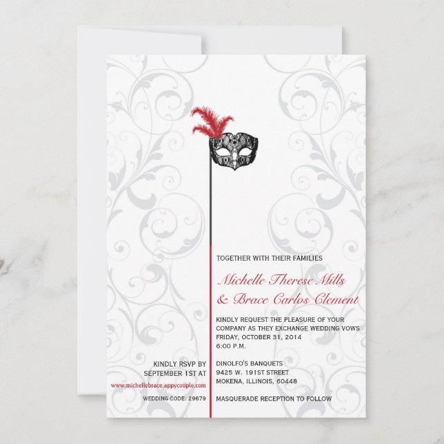 Elegant Red Black Masquerade Wedding Invitations (Front)