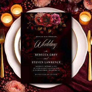 Elegant Red Black Moody Floral Gothic Wedding Invitation