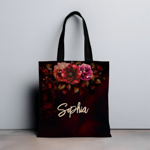 Elegant Red Black Moody Floral Gothic Wedding Tote Bag