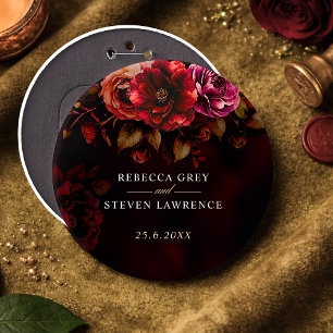 Elegant red black moody floral wedding  6 inch round button
