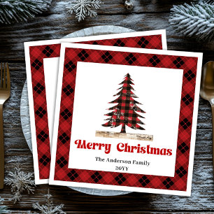Elegant Red Black Plaid Christmas Napkin Design