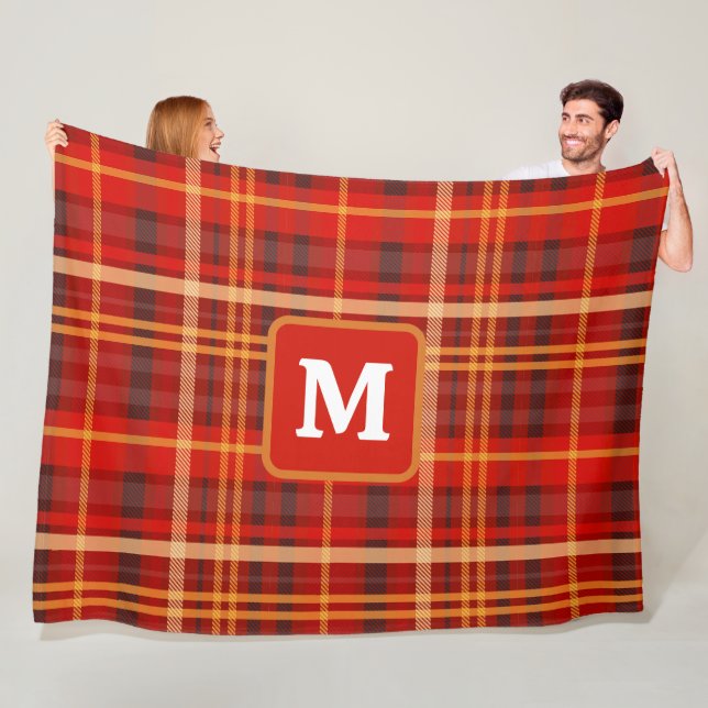 Elegant Red Black Plaid Monogram Custom  Fleece Blanket (In Situ)