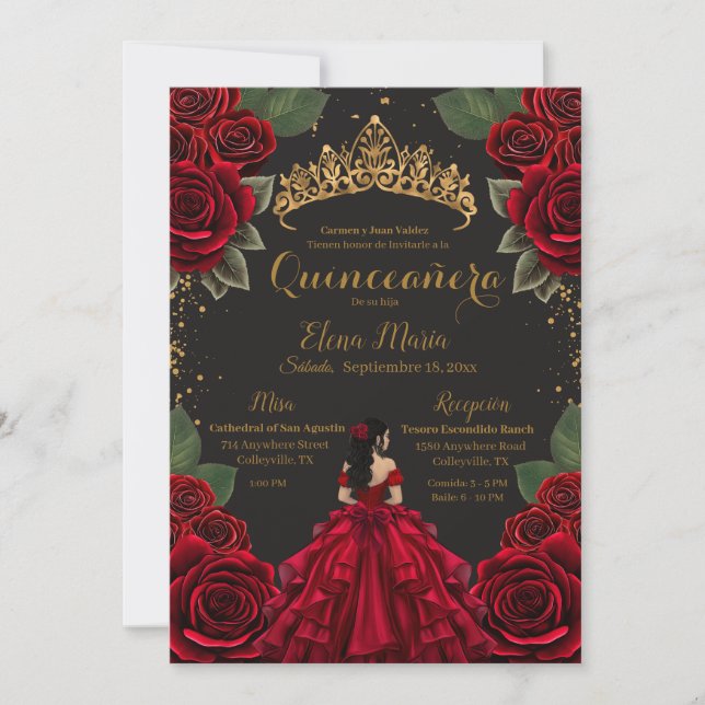 Elegant Red Black Quinceañera Roses Gold Glitter Invitation (Front)