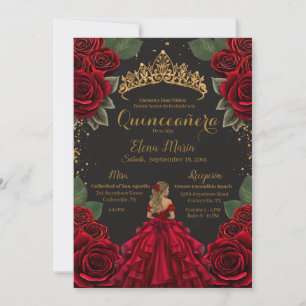 Elegant Red Black Quinceañera Roses Gold Glitter Invitation