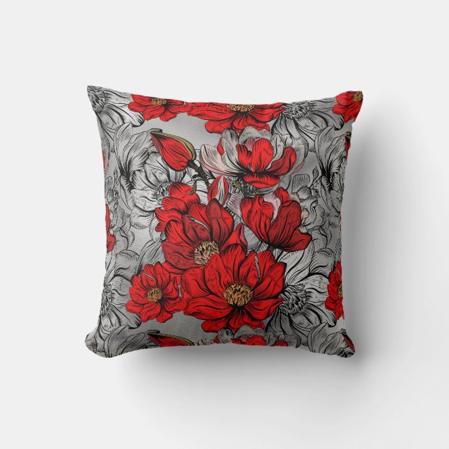 Elegant Red Black  Rose Flower pattern Silver Throw Pillow (Front)