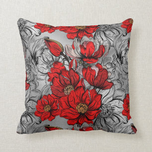 Elegant Red Black  Rose Flower pattern Silver Throw Pillow