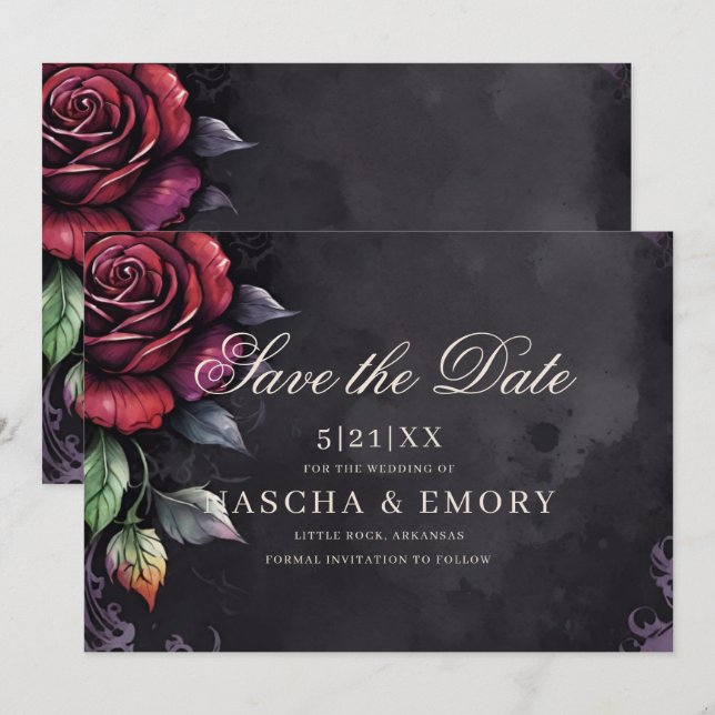 Elegant Red & Black Roses Gothic Wedding Save The Date (Front/Back)