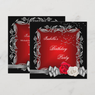 Elegant Red Black Silver Rose Birthday Party Invitation