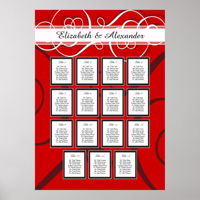 Elegant Red Black Wedding 15 Table Seating Chart (Front)