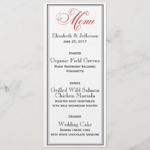 Elegant Red Black & White Script Wedding Menu Card