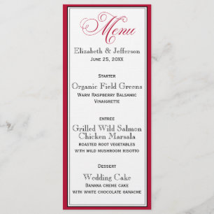 Elegant Red Black & White Script Wedding Menu Card