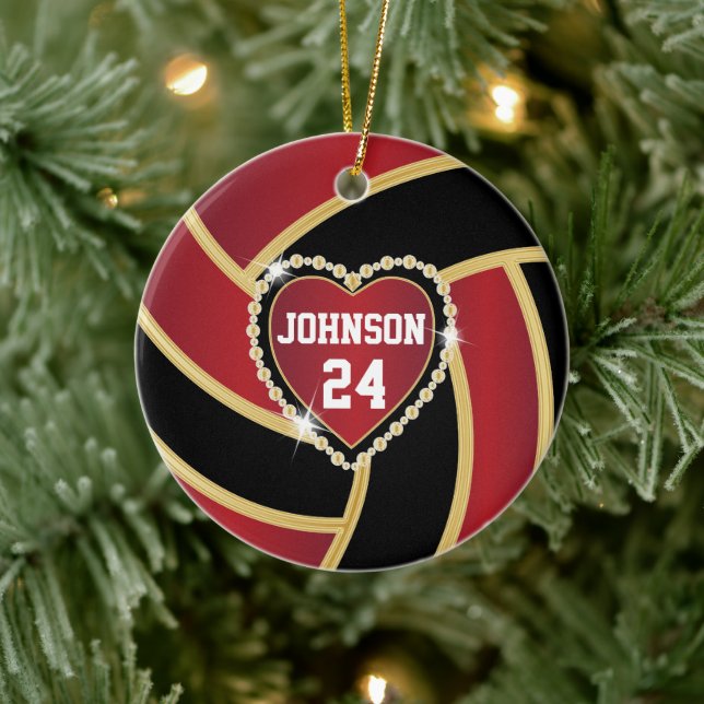 Elegant Red, Blackand Gold Volleyball Ceramic Ornament (Tree)