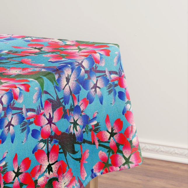 Elegant Red Blue And White Flower Aqua Tablecloth (In Situ)