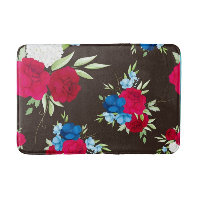 Elegant Red Blue Floral Pattern on Dark Brown Bath Mat (Front)