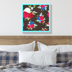 Elegant Red Blue Floral Pattern on Dark Brown Canvas Print