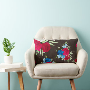 Elegant Red Blue Floral Pattern on Dark Brown Lumbar Pillow
