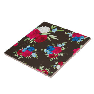 Elegant Red Blue Floral Pattern on Dark Brown Tile