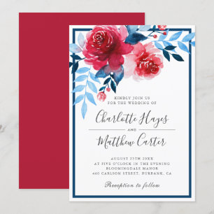 Elegant Red Blue Floral Watercolor Roses Wedding Invitation