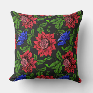 Elegant Red Blue Flower Black Background Throw Pillow